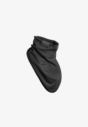 Black neck gaiter made of soft, stretchy fabric. Features a smooth texture and a logo patch. Tubular design for versatile wear.