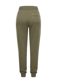 Olivgröna joggers tillverkade av mjukt tyg, med en avslappnad passform, elastisk midja och en enkel bakficka med broderad text.