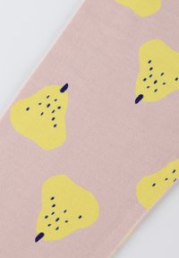 Textile with a pink background featuring yellow pear shapes. The pears are accented with dark blue dots and small detailing at the top.