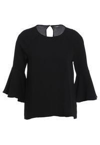 Blouse noire à manches longues avec des manches évasées et un décolleté en trou de serrure à l'arrière, avec une fermeture à bouton au niveau du cou.