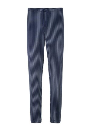 Navy blue striped pants with an elastic waistband and drawstring. Vertical white stripes add contrast; fabric appears soft and lightweight.
