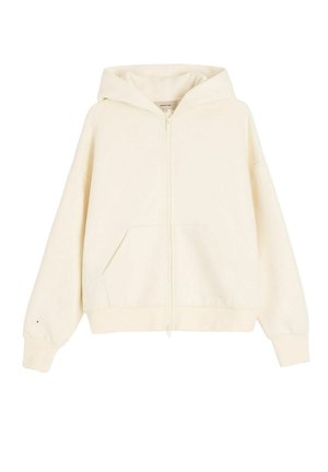 Kremowa bluza z kapturem na zamek błyskawiczny, z przymocowanym kapturem, przednimi kieszeniami, długimi rękawami oraz ściągaczami na mankietach i dole.