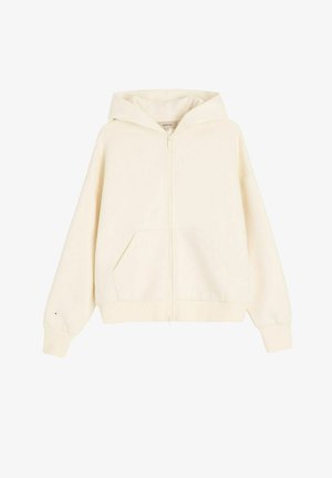 Kremowa bluza z kapturem na zamek błyskawiczny, z przymocowanym kapturem, przednimi kieszeniami, długimi rękawami oraz ściągaczami na mankietach i dole.