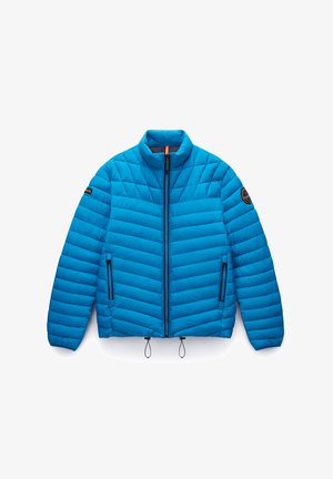 Blue, insulated jacket with a high collar, zip front, and two side pockets. Features quilted patterns and adjustable bottom hem.