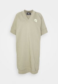 Sukienka t-shirt w kolorze szaro-zielonym, wykonana z mieszanki bawełny, z dekoltem w serek, krótkimi rękawami oraz małym logo na górnej lewej części.