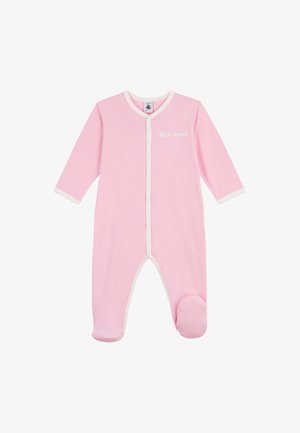 Body da neonato a maniche lunghe rosa con bordi bianchi, bottoni a pressione lungo il davanti, copristivali e scritta "Petit amour" sul petto.