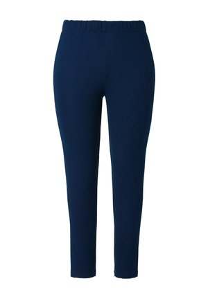 Leggings bleu marine en tissu lisse et extensible, dotés d'une taille élastique et d'une conception à jambe fuselée. Aucun motif ni quincaillerie visibles.