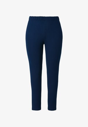 Marineblaue Leggings aus weichem Stoff, mit einem dehnbaren elastischen Bund. Das Design ist eng anliegend mit zulaufenden Beinen.