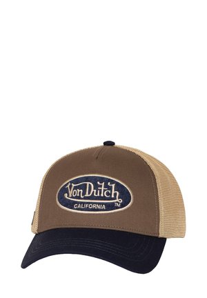 Brown and beige trucker cap with navy bill, featuring a blue and white oval logo with "Von Dutch CALIFORNIA" embroidered on the front.