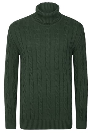 Dunkelgrüner kabelgestrickter Rollkragenpullover mit langen Ärmeln sowie gerippten Bündchen und Saum.