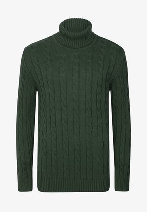 Mørkegrøn kabelstrikket turtleneck sweater med lange ærmer samt ribbed manchetter og kant.