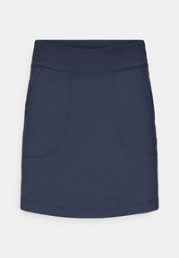 Tengerészkék sportos szoknya nadrág széles derékpánttal, két elülső zsebbel és sima textúrával. A szegély alul kissé ívelt.