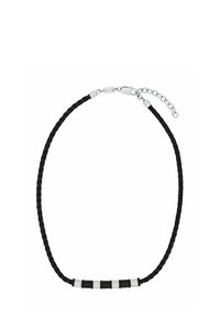 Schwarze geflochtene Lederkette mit silbernen und schwarzen Akzentperlen, einem Metallverschluss und einer verstellbaren Kette.