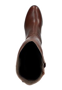 Botte en cuir marron jusqu'au genou avec une finition lisse, bout rond et fermeture à glissière ; l'intérieur présente un doublure sombre sans motifs visibles.