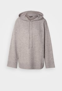 Sweat à capuche gris clair en tissu doux, avec fermeture à cordon, ourlet côtelé et manches larges pour une coupe décontractée.