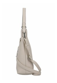 Borsa a tracolla in pelle beige con finitura testurizzata, tracolla regolabile e accessori in argento. Forma sottile e triangolare con una tasca laterale con zip.