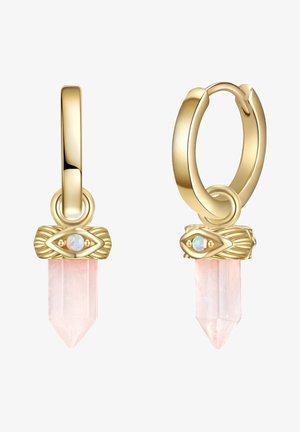 Boucles d'oreilles créoles en or avec des pointes de cristal rose pendantes et des accents décoratifs en forme d'œil en or ornés de petites pierres d'opale.