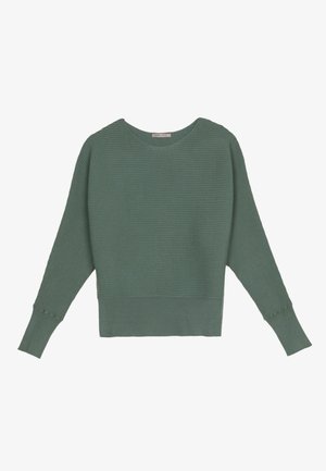 Pull en maille côtelée vert avec manches longues, col rond et motif texturé. Dispose de poignets et d'ourlet côtelés pour un ajustement serré.