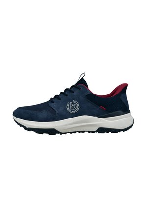 Navy blue and black athletic shoe with white sole, black laces, red inner lining, and a circular embroidered logo on the side.
