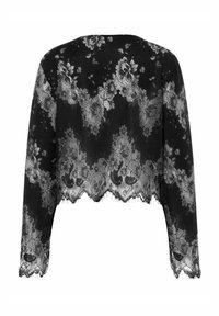 Černý krajkový krátký kabátek s květinovým vzorem, dlouhými rukávy a vroubkovaným lemem. Lehký, průsvitný materiál s jemnou strukturou.