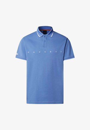 Niebieska koszulka polo wykonana z bawełny, z kołnierzykiem, dwoma guzikami i białym wykończeniem na rękawach. Logo "HACKETT" nadrukowane na biało.