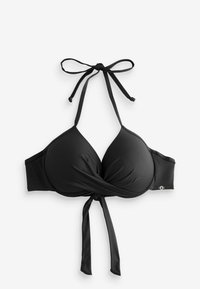 Svart bikinidetalj tillverkad av ett slätt material. Har en omslagdesign, justerbara knytband och en liten logotypdetalj på sidan.