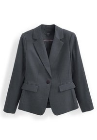 Blazer gris hecho de una tela texturizada. Presenta un solapa de muesca, dos bolsillos frontales y un cierre de un solo botón. Interior forrado con un ribete rosa.