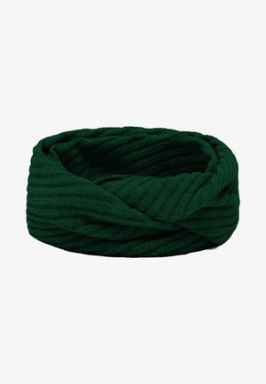Ciemnozielona dziana opaska na głowę z fakturowanym prążkowanym wzorem, skręconym designem i miękkim, elastycznym materiałem.