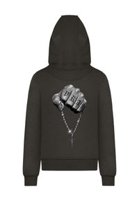 Felpa con cappuccio grigio scuro caratterizzata da una grafica di un pugno con la scritta "PRAY" e un rosario appeso sotto. Tessuto liscio con polsini a coste.