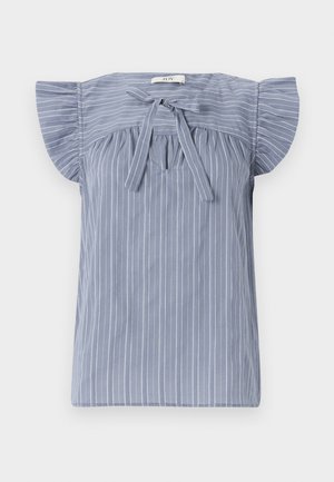 Blusa a righe azzurra chiara con maniche a cappuccio, caratterizzata da un nodo al collo, tessuto texturizzato e una vestibilità rilassata.