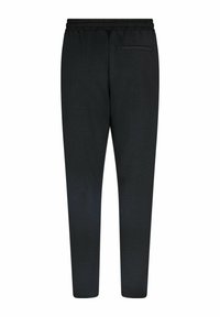 Black tapered sweatpants with elastic waistband and single slit back pocket, shown from the front.