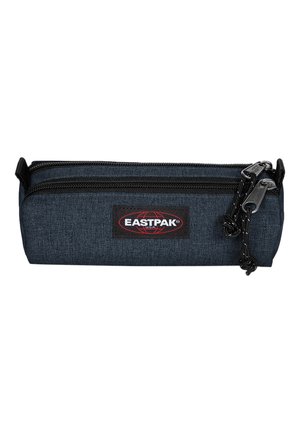 Dark gray pencil case made of fabric with two black zippers, branded with a red and black Eastpak logo on the front.
