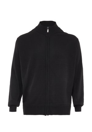 Schlichte schwarze Jacke mit Reißverschluss, langen Ärmeln, gerippten Bündchen und Saum sowie Stehkragen, vor weißem Hintergrund dargestellt.