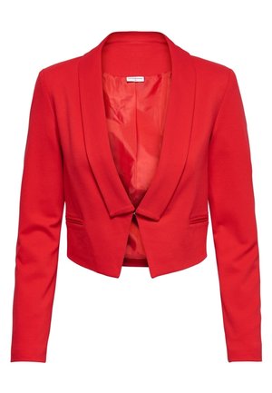 Red cropped blazer with long sleeves, shawl collar, single hook closure, and smooth inner lining.