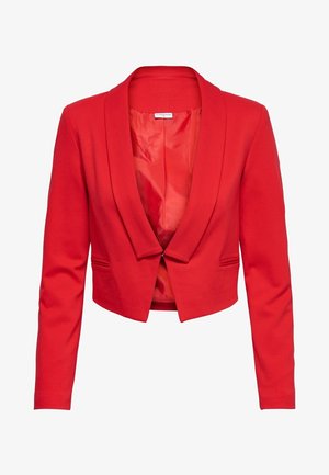Red cropped blazer with long sleeves, shawl collar, single hook closure, and smooth inner lining.