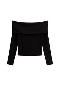 Top lungo nero scollato spalle, realizzato in tessuto morbido. Presenta un ampio scollo e una silhouette aderente. Texture liscia, design minimalista.