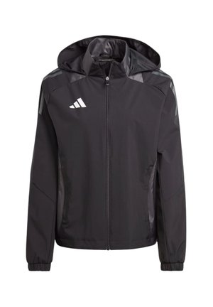 Schwarze Zip-Up-Jacke mit Kapuze, aus glattem Material gefertigt. Mit weißem adidas-Logo, elastischen Bündchen und dezenten grauen Akzenten an den Schultern.