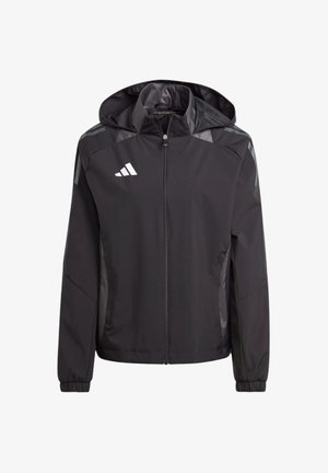 Giacca nera con zip e cappuccio, realizzata in materiale liscio. Presenta il logo bianco adidas, polsini elastici e delicati dettagli grigi sulle spalle.