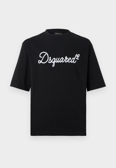Black short-sleeved t-shirt made of cotton, featuring white embroidered "Dsquared²" logo across the chest. Classic crew neck design.
