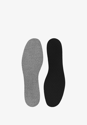 Two shoe insoles side by side on a white background, one gray with small perforations and the other black with similar perforations.