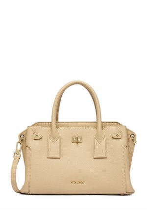 Bolso de mano de cuero texturizado beige con dobles asas, correa de hombro desmontable, cierre de tono dorado y logo "GINO ROSSI" en el centro frontal.