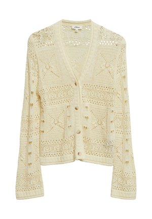 Cremefarbener gehäkelter Strick-Cardigan mit Knöpfen, langen Ärmeln und geometrischen Mustern, mit V-Ausschnitt und geripptem Saum und Bündchen.