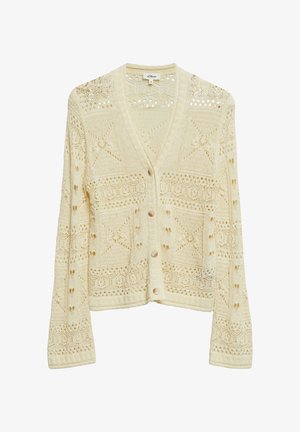 Cardigan boutonné en maille crochet crème à manches longues avec motifs géométriques, doté d'un col en V et d'un ourlet et poignets côtelés.