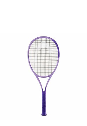 Purple tennis racket with a wrapped grip and tightly strung strings, shown on a plain white background.