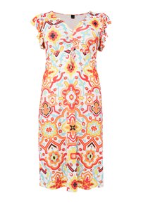 Robe à motif floral avec des rouges, jaunes et bleus vifs, dotée de courtes manches froncées et d'un design de décolleté froncé. Tissu en mélange de coton.