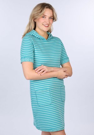 Turquoise striped dress with a hood, short sleeves, and floral lace accents on sleeves. Features two front pockets. Soft cotton material.