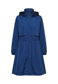 Blue long raincoat with hood, elastic waist, button and zipper front, and elastic cuffs.