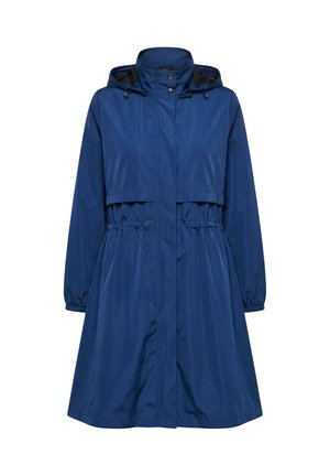 Blue long raincoat with hood, elastic waist, button and zipper front, and elastic cuffs.