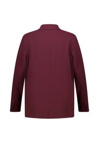 Bordeaux blazer, op maat gemaakt ontwerp met een kraag, lange mouwen en subtiele knopenaccenten. Gladde textuur, geen zichtbare patronen.