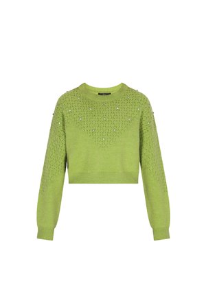 Modernes, verkürztes Sweatshirt in leuchtendem Grün, mit einem strukturierten Strickdesign und aufwendigen Rautenmusterungen sowie Verzierungen.